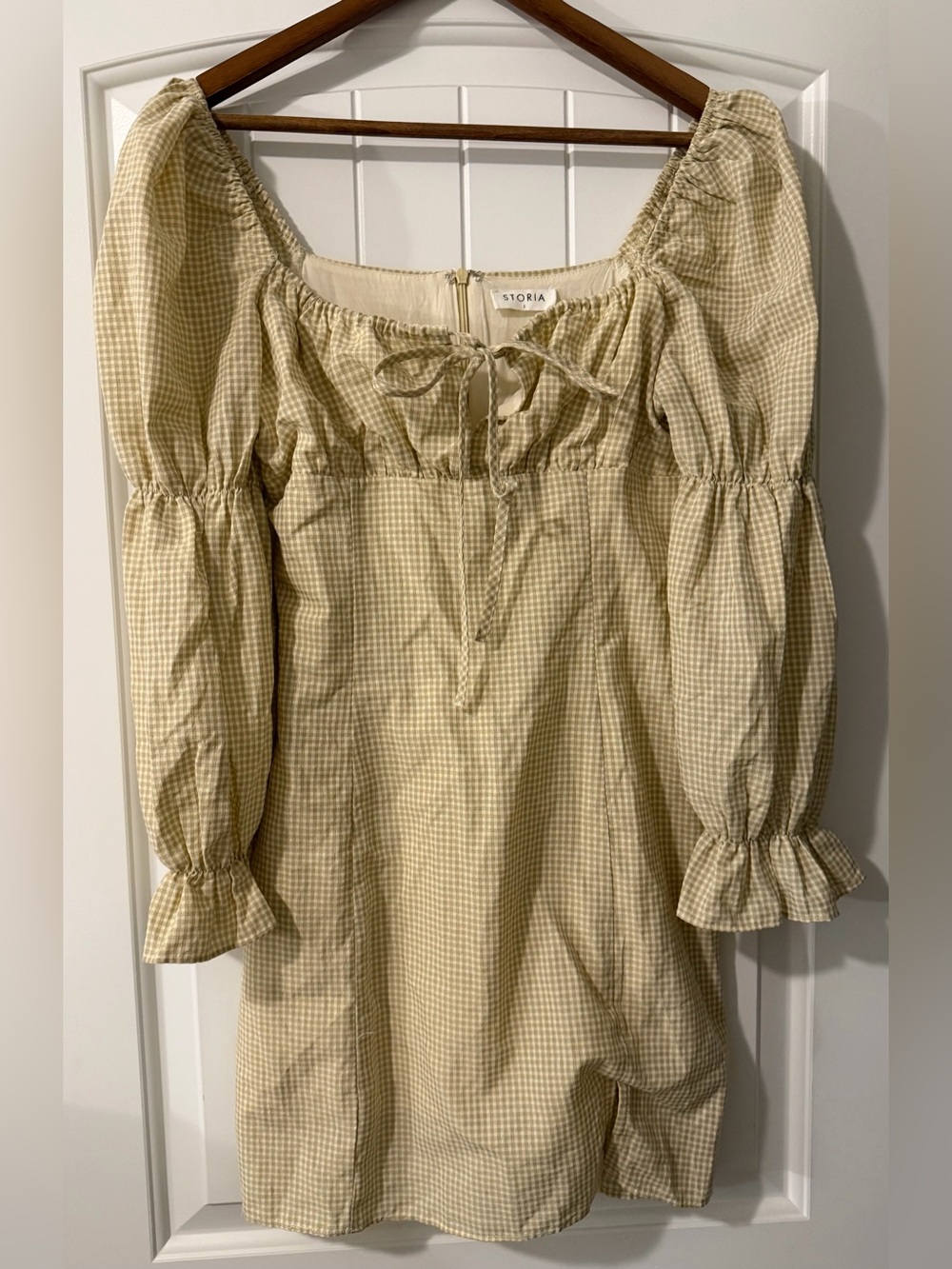 Storia Pale Yellow Gingham Square Neck Puff Sleeve Dress